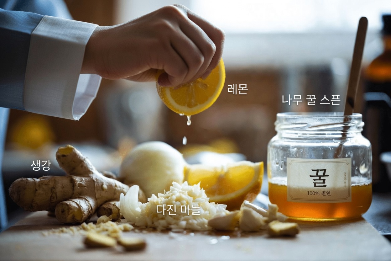 강판에 간 생강, 양파, 마늘, 레몬즙, 꿀을 섞은 이 간단한 주방 레시피를 시도해 보셨나요?