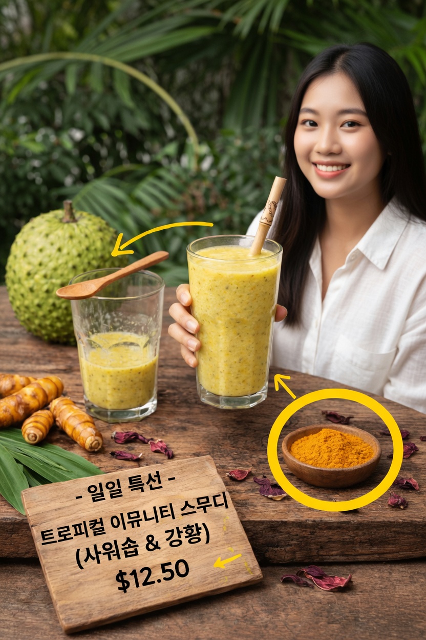 집에서 사워솝과 강황으로 맛있는 열대 면역력 스무디를 단계별로 만드는 방법