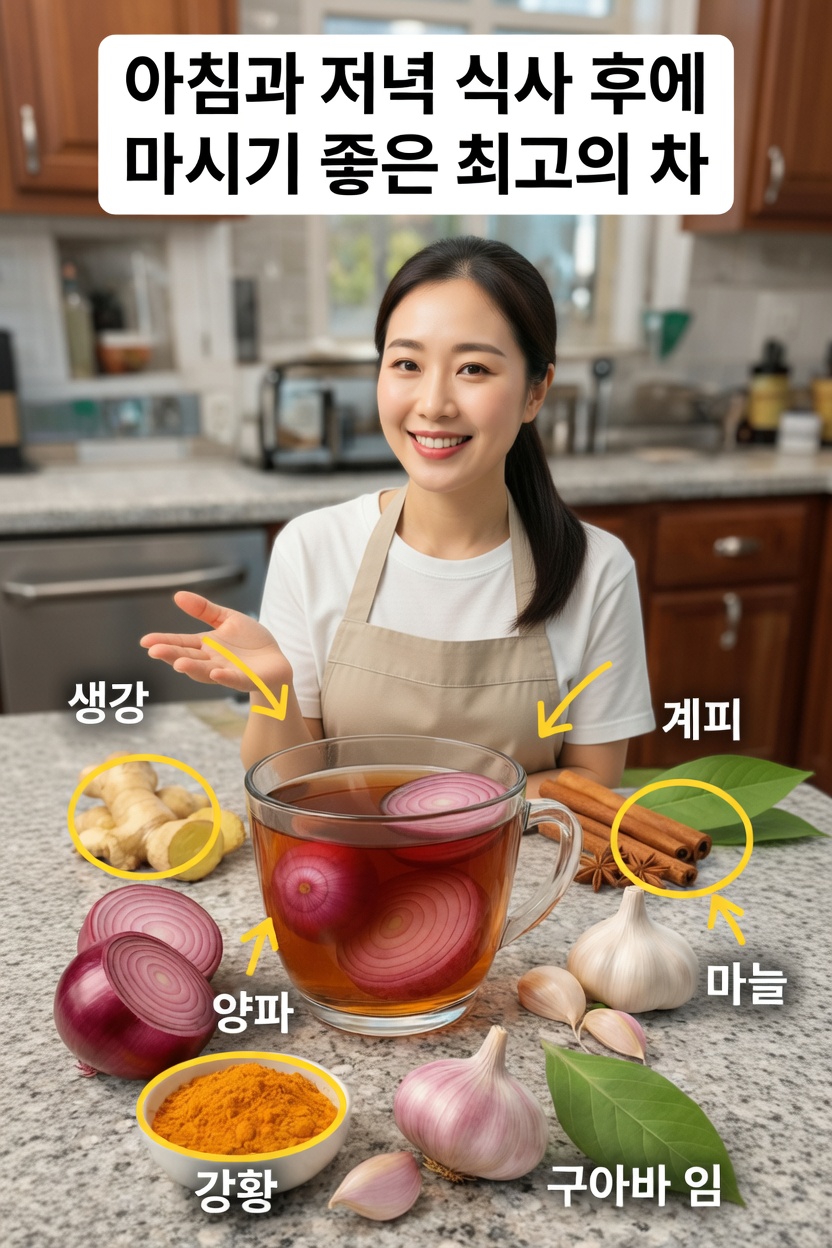 아침과 저녁 식사 후 마시는 생강 강황 양파 마늘 계피 구아바잎 차 레시피
