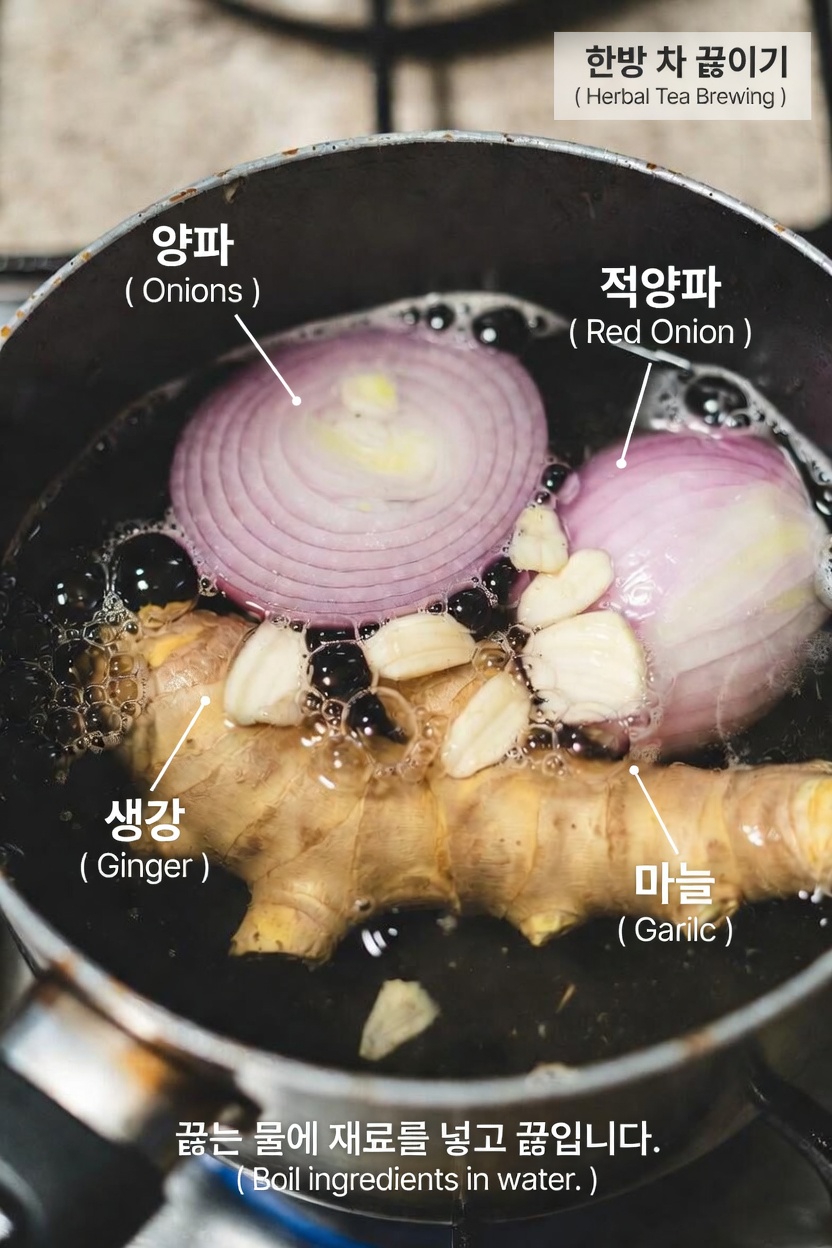 아침과 저녁 식사 후 마시는 생강 강황 양파 마늘 계피 구아바잎 차 레시피