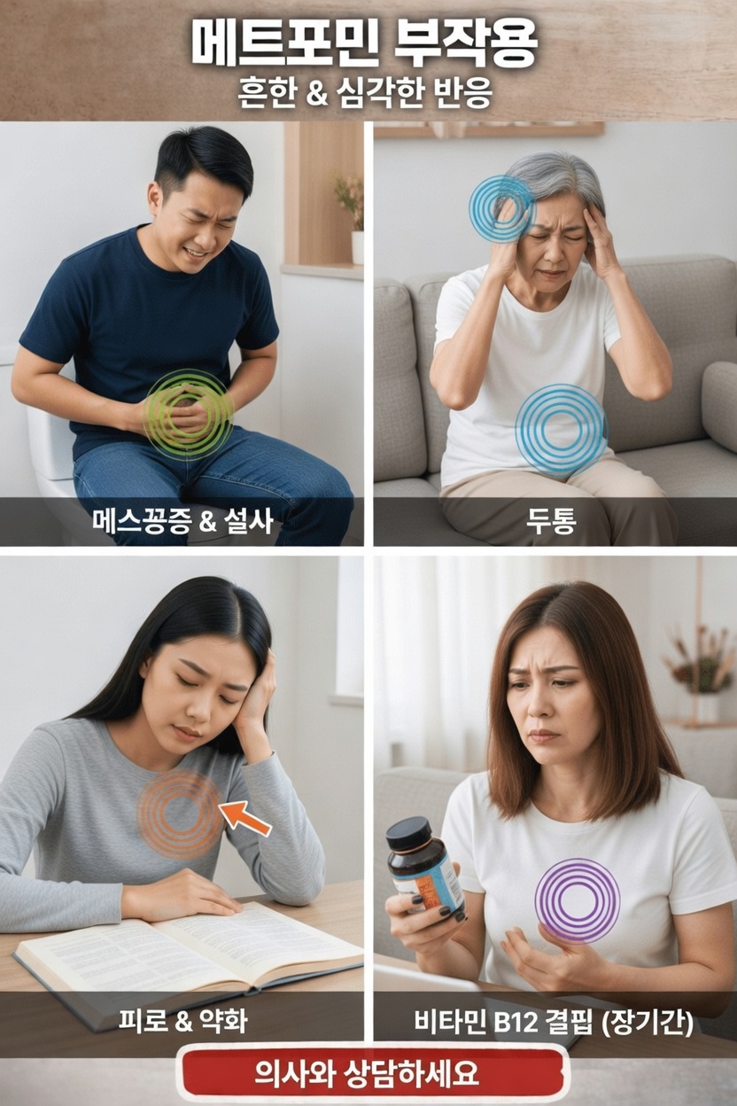 메트포르민의 흔한 부작용과 심각한 부작용으로 알아두어야 할 것은 무엇인가요?
