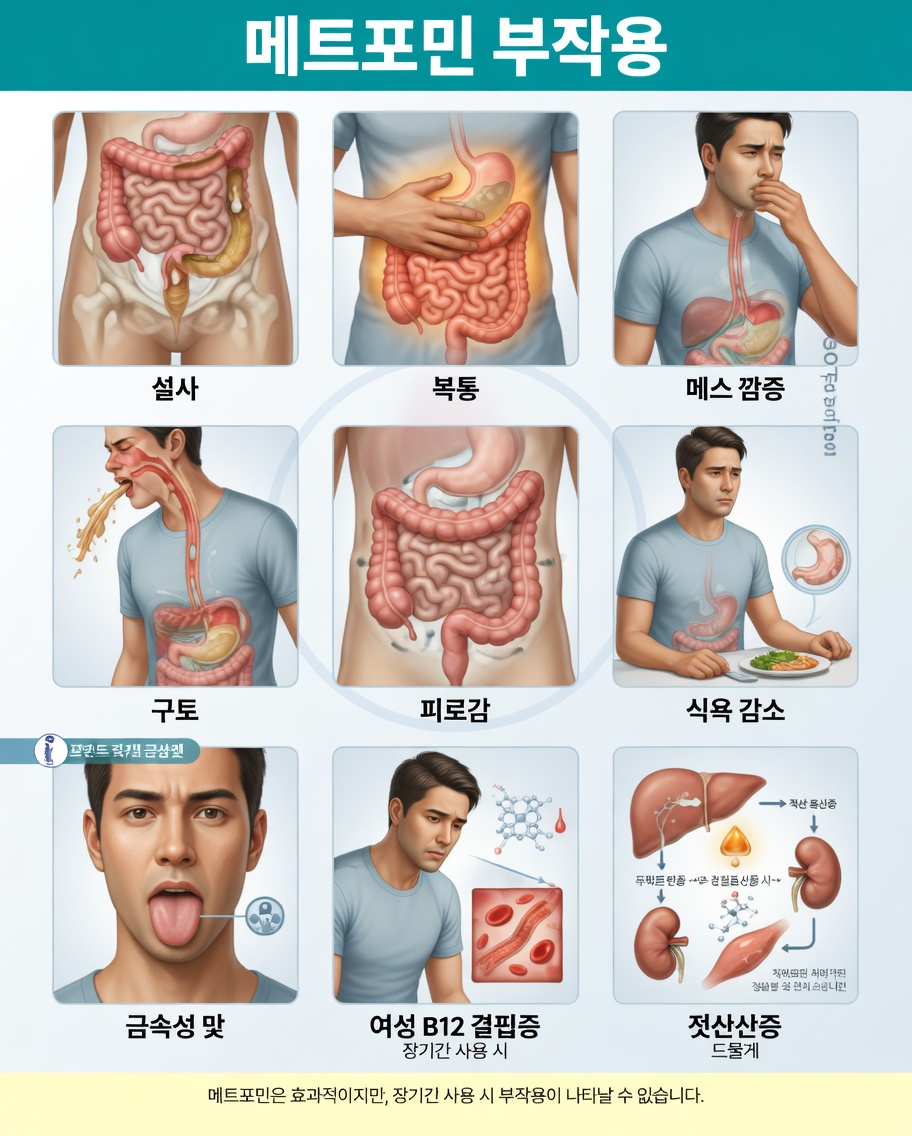메트포르민의 흔한 부작용과 심각한 부작용으로 알아두어야 할 것은 무엇인가요?
