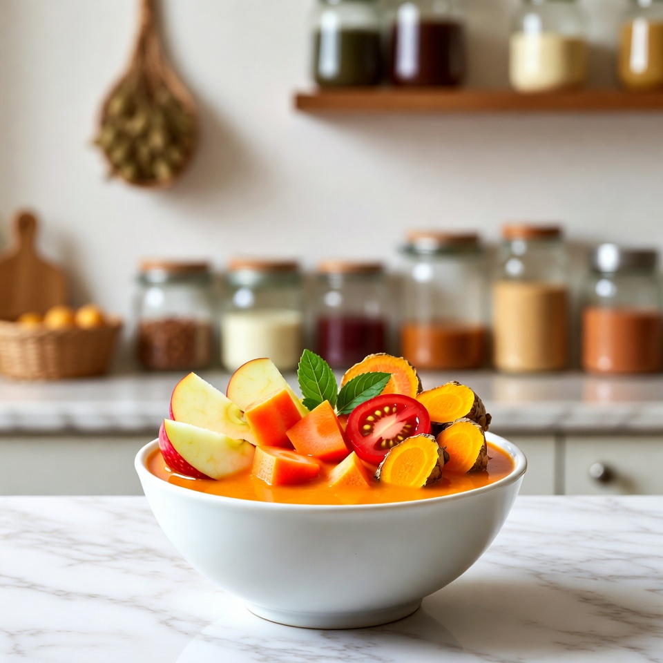 눈과 뇌 건강 지원을 위한 간단한 사과, 당근, 토마토, 강황 스무디의 힘을 알아보세요