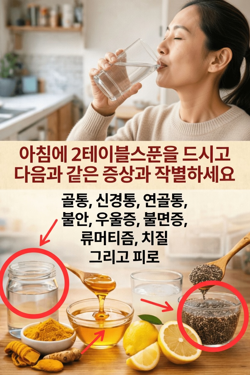 강황, 생강, 레몬, 꿀, 치아씨드 두 스푼이 들어간 인기 아침 혼합물 알아보기