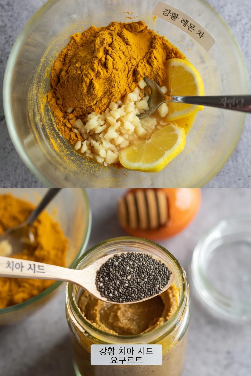 강황, 생강, 레몬, 꿀, 치아씨드 두 스푼이 들어간 인기 아침 혼합물 알아보기
