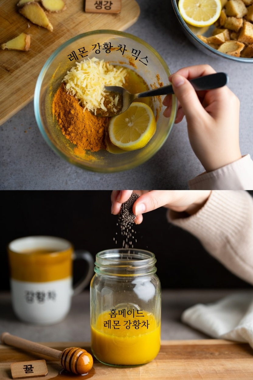 강황, 생강, 레몬, 꿀, 치아씨드 두 스푼이 들어간 인기 아침 혼합물 알아보기