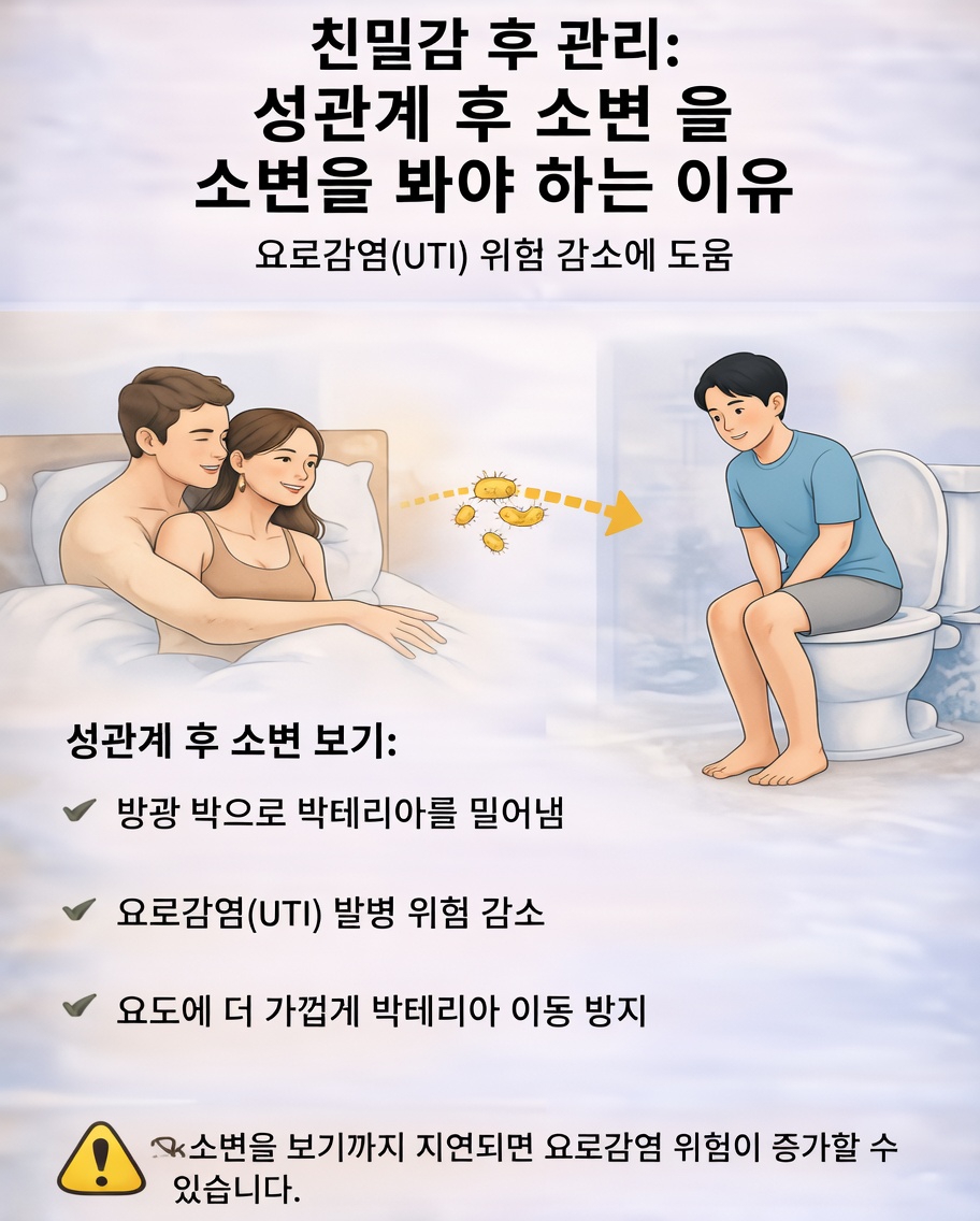 성관계 후 소변을 보는 것은 요로 건강을 지키는 데 도움이 되는 단순하지만 강력한 습관입니다