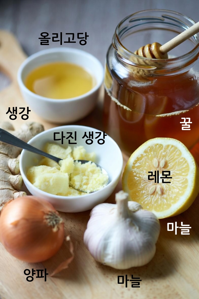 집에서 간 생강, 양파, 마늘, 레몬즙, 꿀 혼합물을 준비하는 간단한 가이드