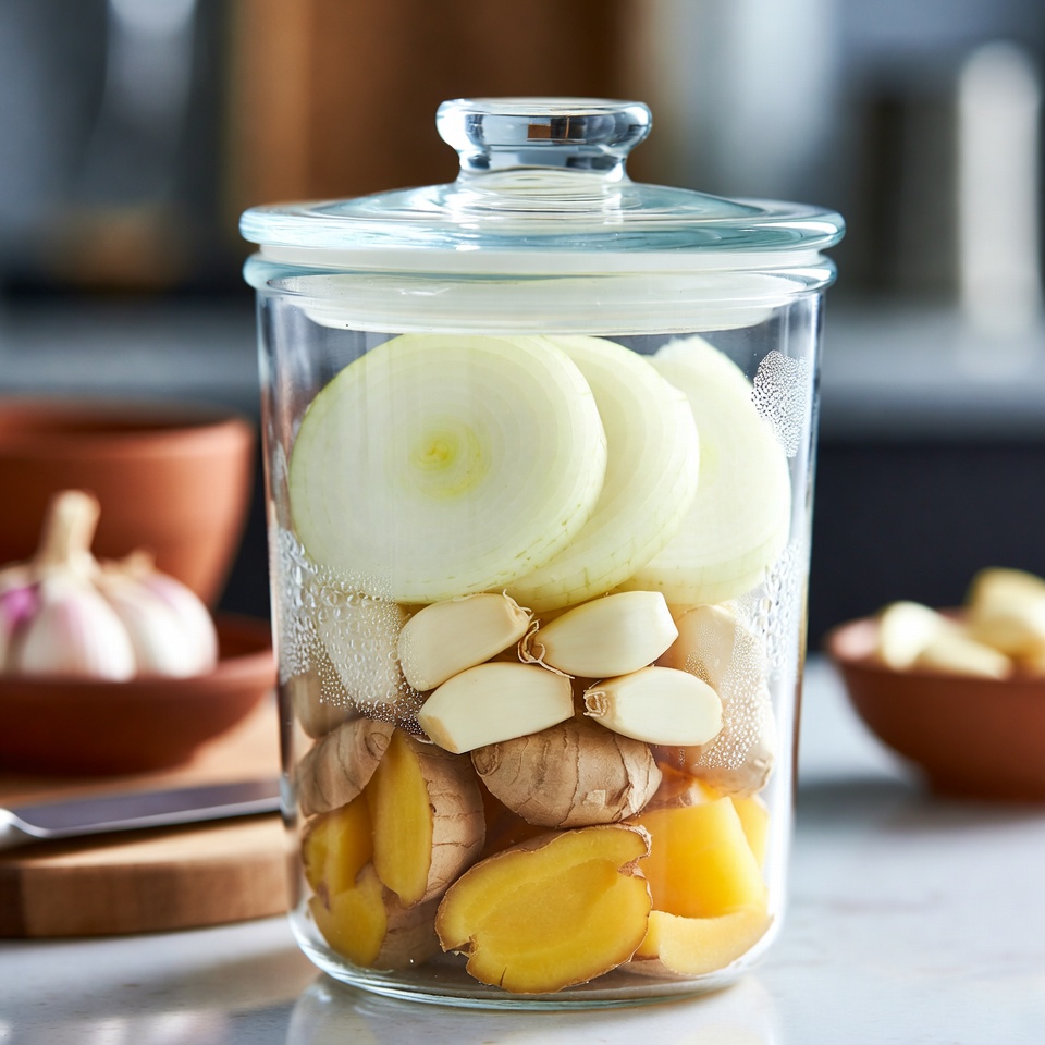 양파 큰 것 하나, 마늘, 생강을 준비하세요. 잘라서 밀폐용기에 넣고 무슨 일이 일어나는지 보세요.