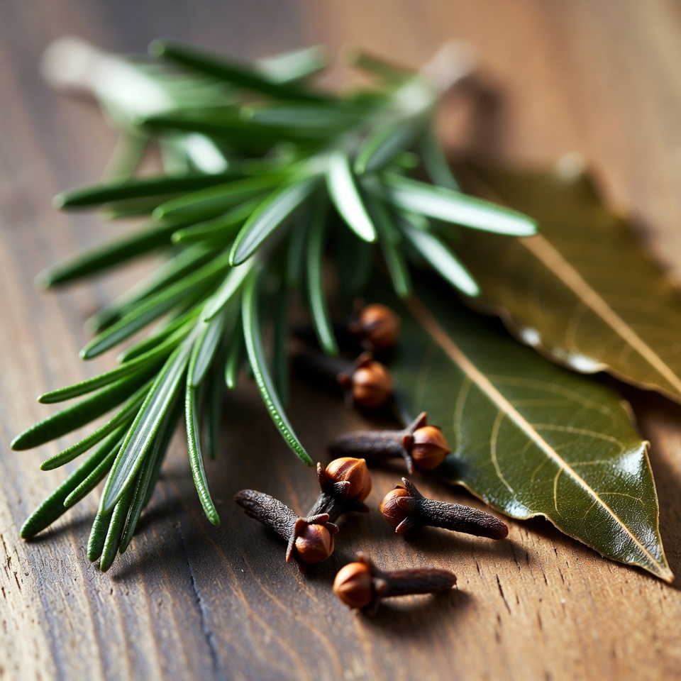 로즈마리, 정향, 월계수 잎의 천연 블렌드