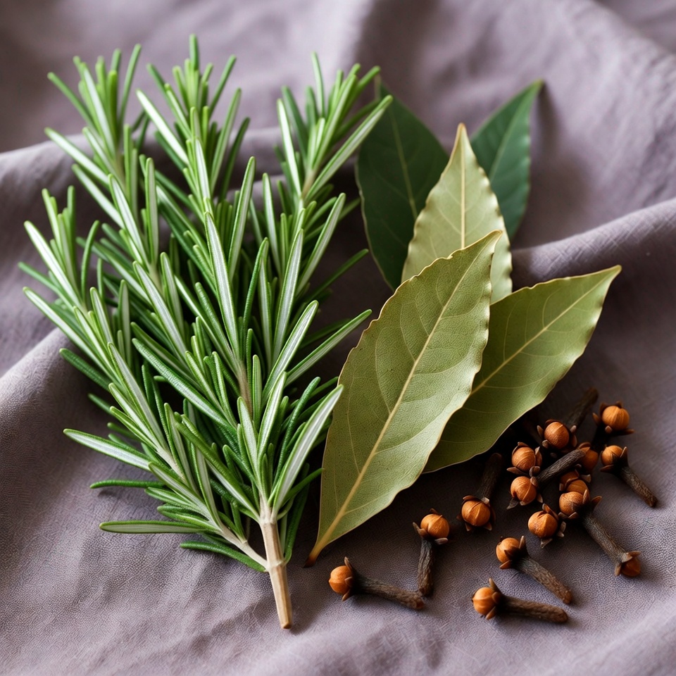 로즈마리, 정향, 월계수 잎의 천연 블렌드