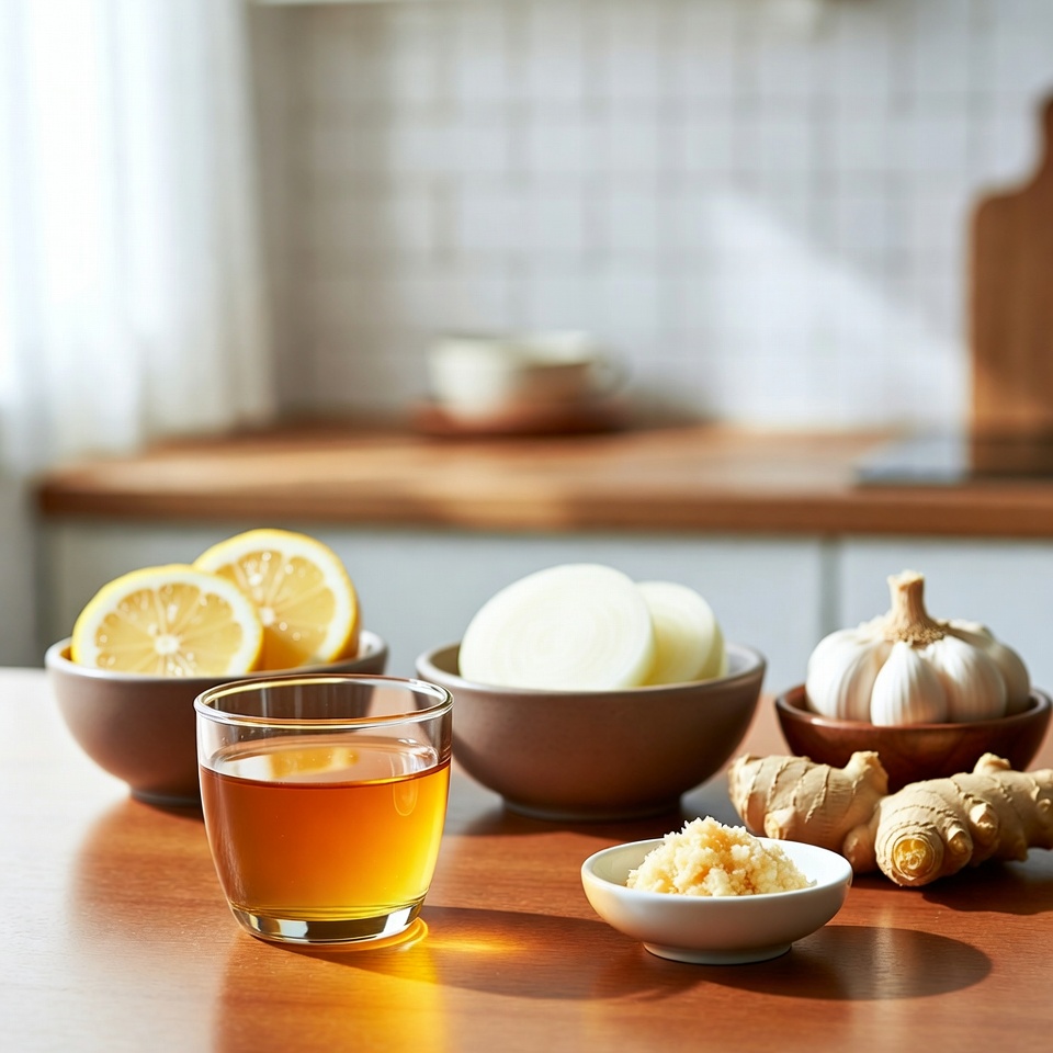 꿀 레몬 주스 양파 마늘 그리고 간 생강