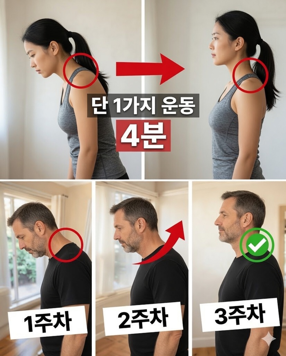 집에서 단 4분 만에 60세 이후 앞으로 나온 머리 자세를 개선하는 간단한 일일 습관